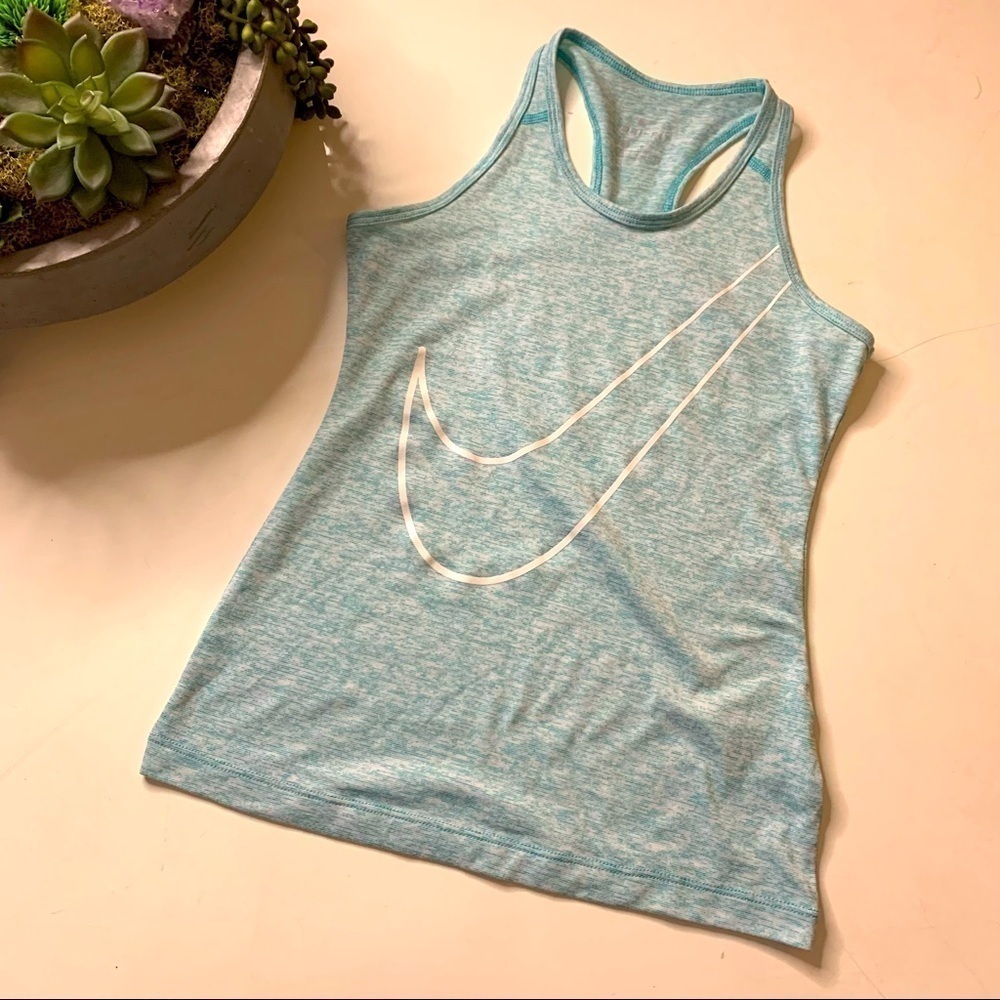Nike dry fit Racerback athletic tank aqua marine Swoosh Graphic medium
